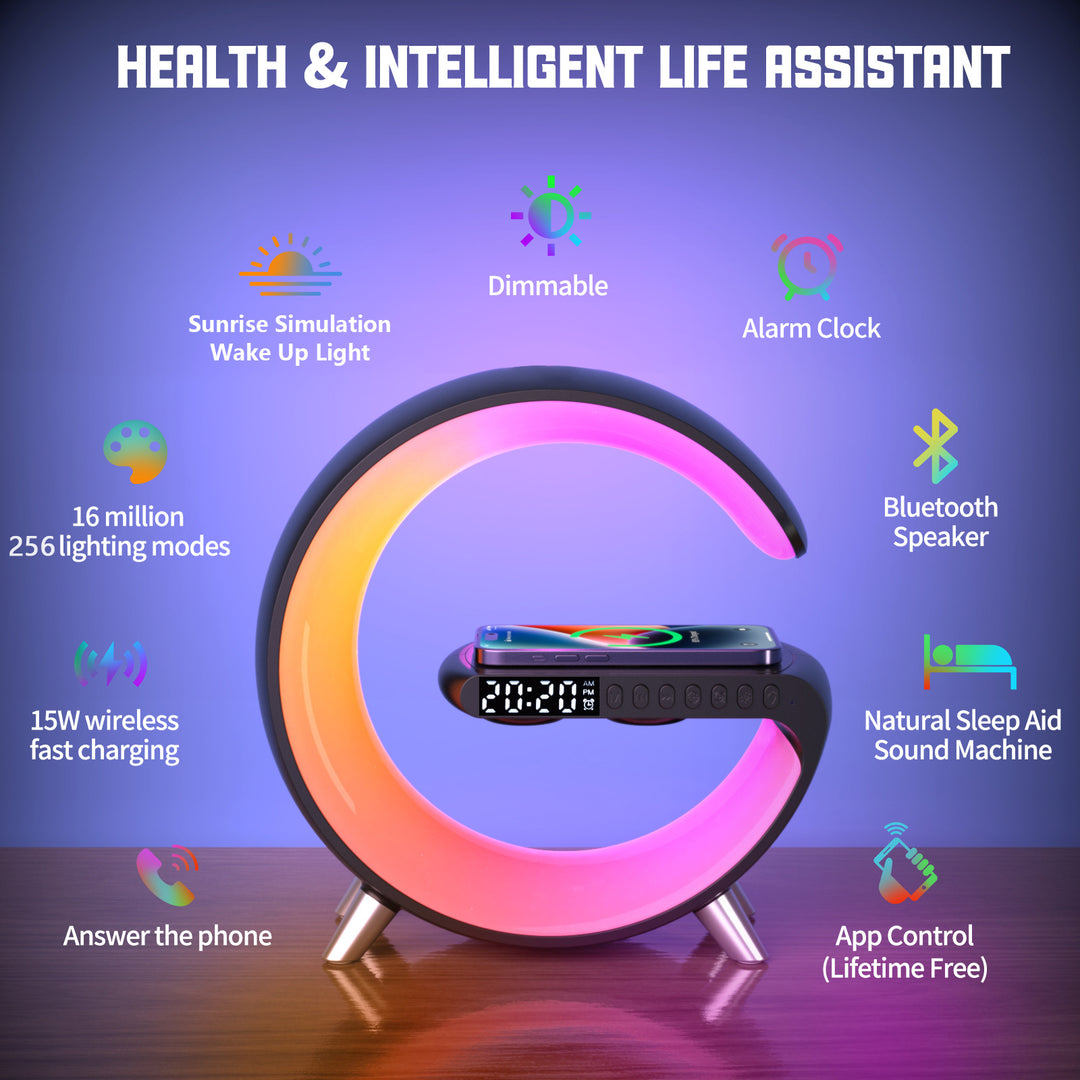Multifunctional Wireless Charger Alarm Clock Speaker APP Control RGB Night Light Charging Station